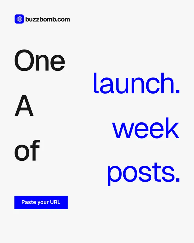 Instagram portrait post for BuzzBomb: "One launch. A week of posts." Swiss style, stacked layout, light palette in white, blue.