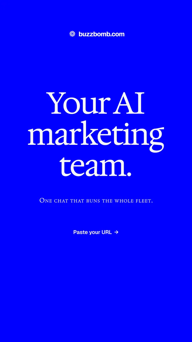 Instagram story for BuzzBomb: "Your AI marketing team." Split block style, smallcaps layout, dark palette in blue.