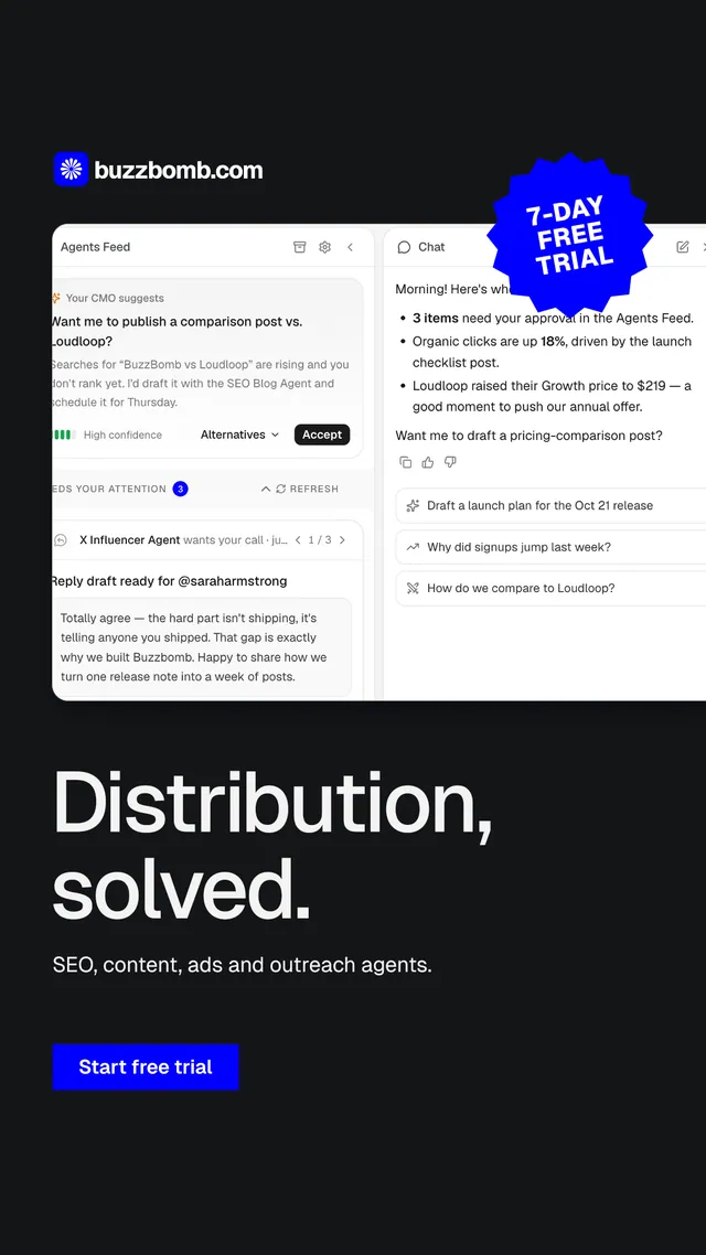 Instagram story for BuzzBomb: "Distribution, solved." Swiss style, sticker layout, dark palette in black, white, grey.