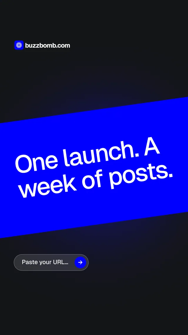 Instagram story for BuzzBomb: "One launch. A week of posts." Agentic glass style, diagonal layout, dark palette in black, blue.