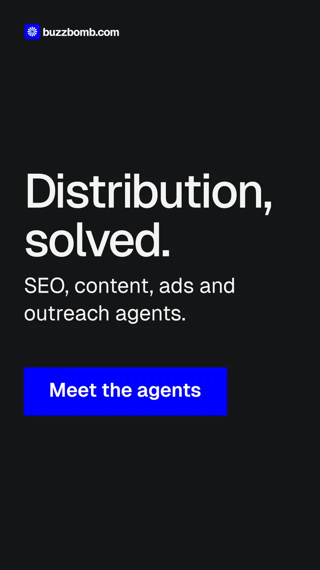 Instagram story for BuzzBomb: "Distribution, solved." Swiss style, skeleton layout, dark palette in black, grey.