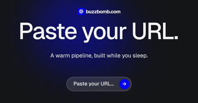 Social ad for BuzzBomb: "Paste your URL." Agentic glass style, centred layout, dark palette in black, blue, grey.