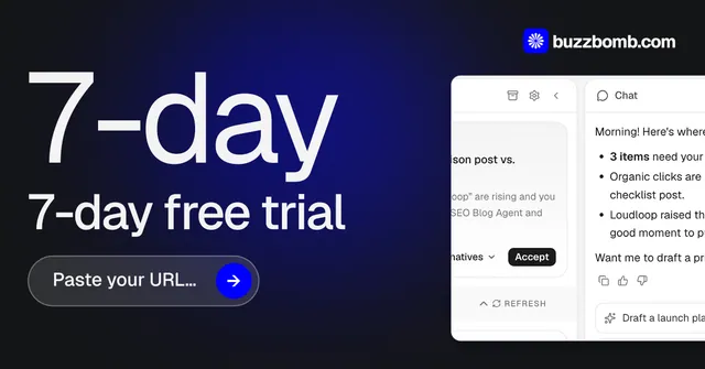 Social ad for BuzzBomb: "Spark some growth today." Agentic glass style, stat layout, dark palette in black, blue, white.