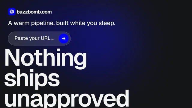 Landscape graphic for BuzzBomb: "Nothing ships unapproved." Agentic glass style, oversized layout, dark palette in black, blue, grey.