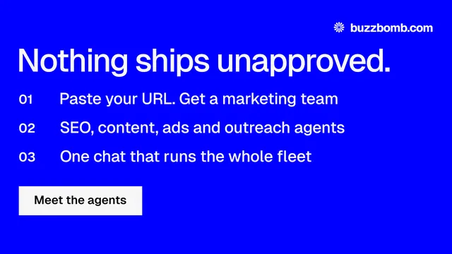 Landscape graphic for BuzzBomb: "Nothing ships unapproved." Swiss style, numbered layout, dark palette in blue.