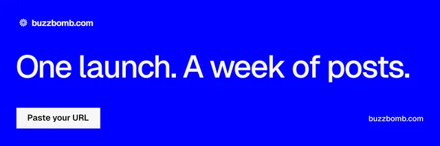 X header for BuzzBomb: "One launch. A week of posts." Swiss style, poster layout, dark palette in blue.