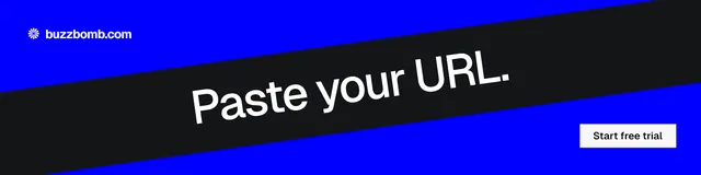 LinkedIn banner for BuzzBomb: "Paste your URL." Split block style, diagonal layout, dark palette in blue, black, grey.