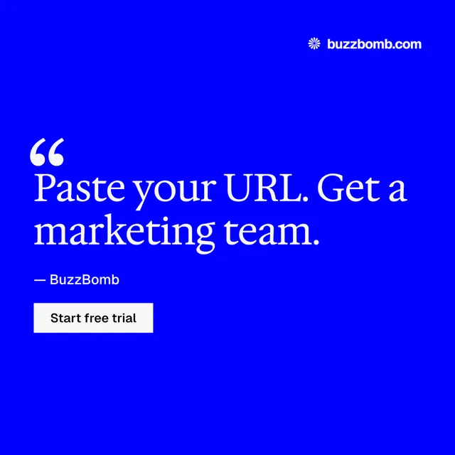 Instagram post for BuzzBomb: "Distribution, solved." Swiss style, quote layout, dark palette in blue.