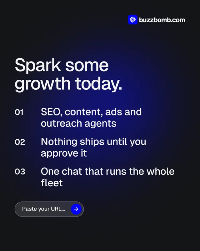 Instagram portrait post for BuzzBomb: "Spark some growth today." Agentic glass style, numbered layout, dark palette in black, blue.