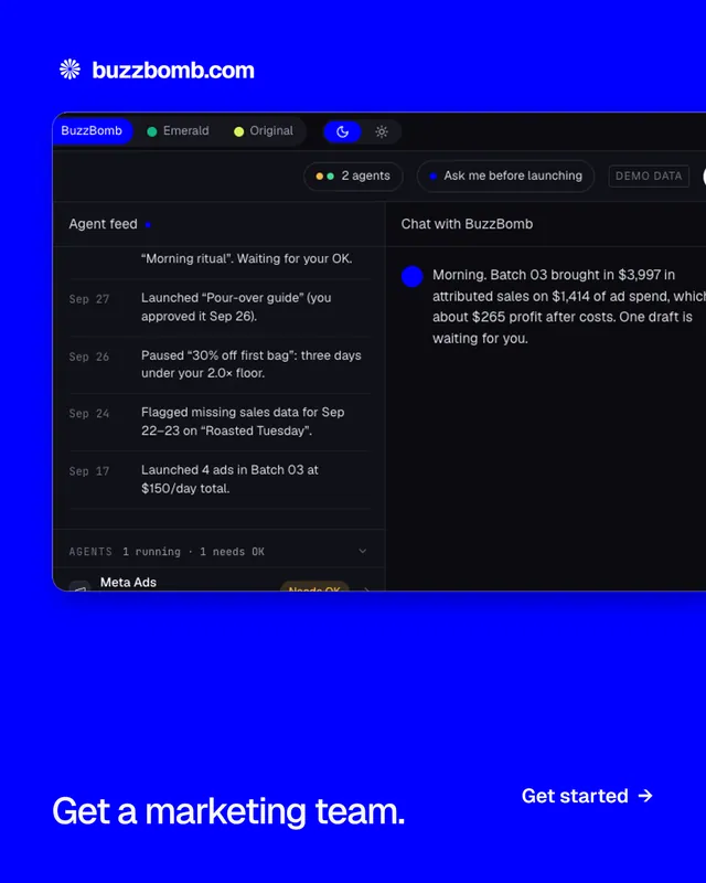 Instagram portrait post for BuzzBomb: "Get a marketing team." Split block style, image led layout, dark palette in blue, black.