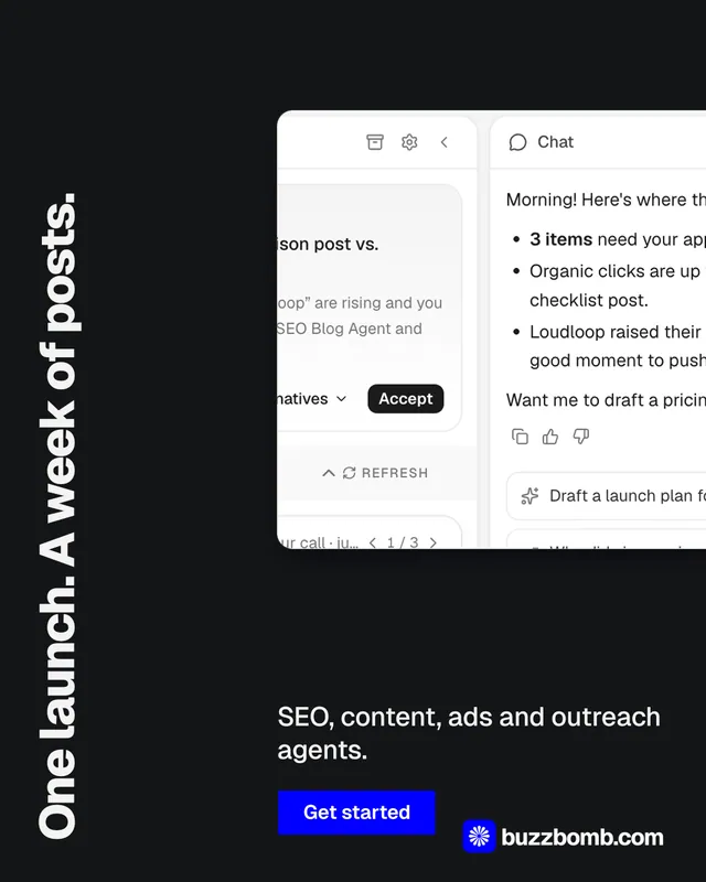 Instagram portrait post for BuzzBomb: "One launch. A week of posts." Brutalist style, vertical layout, dark palette in black, grey.