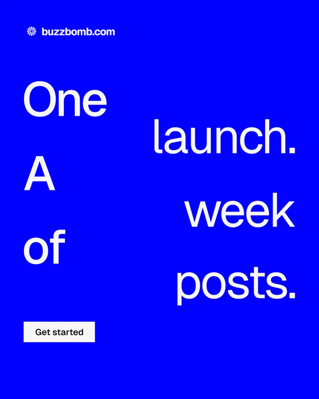 Instagram portrait post for BuzzBomb: "One launch. A week of posts." Swiss style, stacked layout, dark palette in blue.