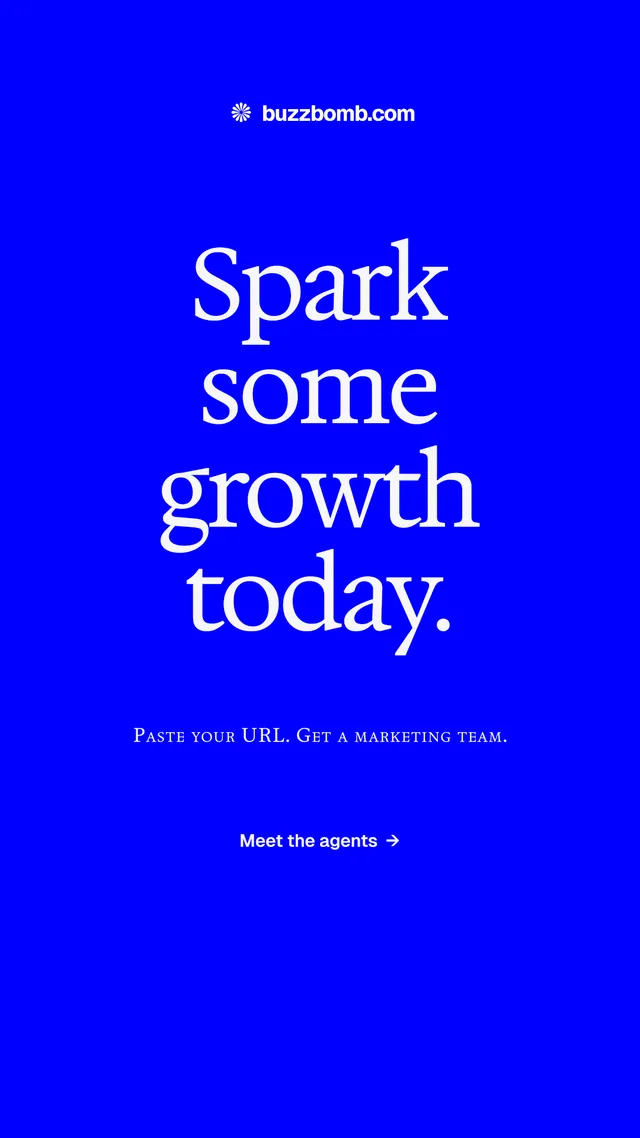 Instagram story for BuzzBomb: "Spark some growth today." Split block style, smallcaps layout, dark palette in blue.