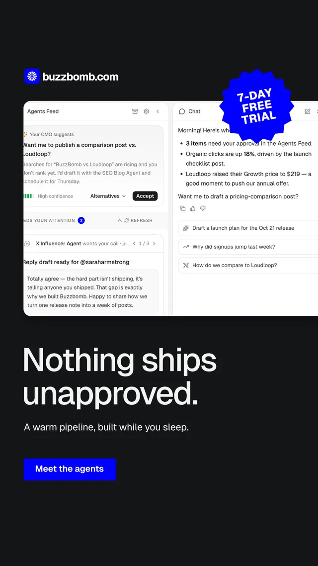 Instagram story for BuzzBomb: "Nothing ships unapproved." Swiss style, sticker layout, dark palette in black, white, grey.