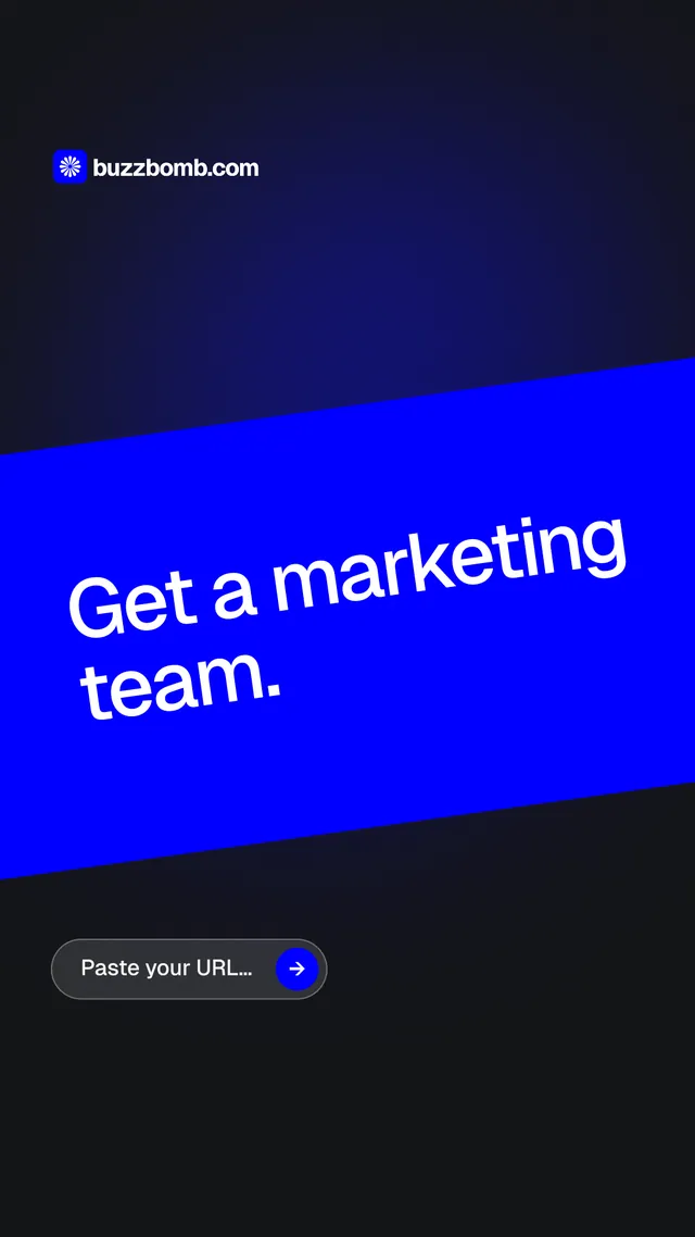 Instagram story for BuzzBomb: "Get a marketing team." Agentic glass style, diagonal layout, dark palette in black, blue.
