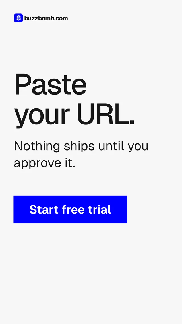 Instagram story for BuzzBomb: "Paste your URL." Swiss style, skeleton layout, light palette in white, blue.