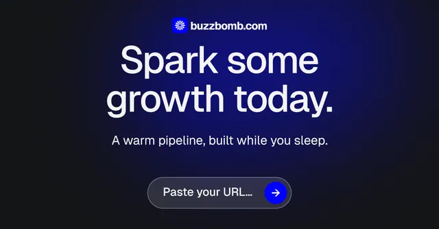 Social ad for BuzzBomb: "Spark some growth today." Agentic glass style, centred layout, dark palette in black, blue.