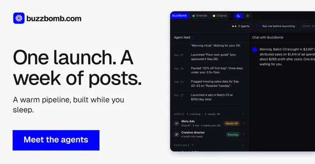 Social ad for BuzzBomb: "One launch. A week of posts." Swiss style, bottom layout, light palette in white, black, grey.