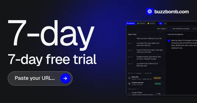 Social ad for BuzzBomb: "One launch. A week of posts." Agentic glass style, stat layout, dark palette in black, blue, grey.