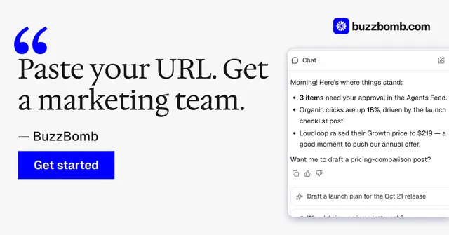 Social ad for BuzzBomb: "Seven agents. One chat." Swiss style, quote layout, light palette in white, blue.