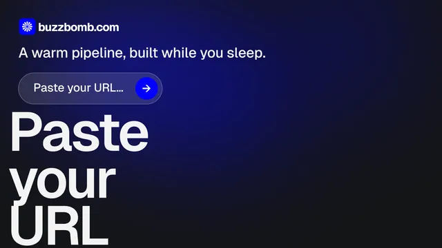Landscape graphic for BuzzBomb: "Paste your URL." Agentic glass style, oversized layout, dark palette in black, blue, grey.
