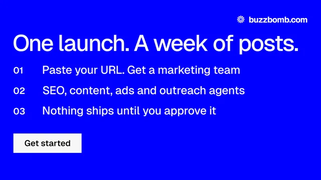 Landscape graphic for BuzzBomb: "One launch. A week of posts." Swiss style, numbered layout, dark palette in blue.