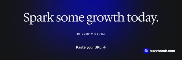 X header for BuzzBomb: "Spark some growth today." Agentic glass style, smallcaps layout, dark palette in black, blue.