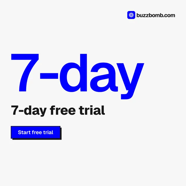 Instagram post for BuzzBomb: "Spark some growth today." Brutalist style, stat layout, light palette in white, blue.