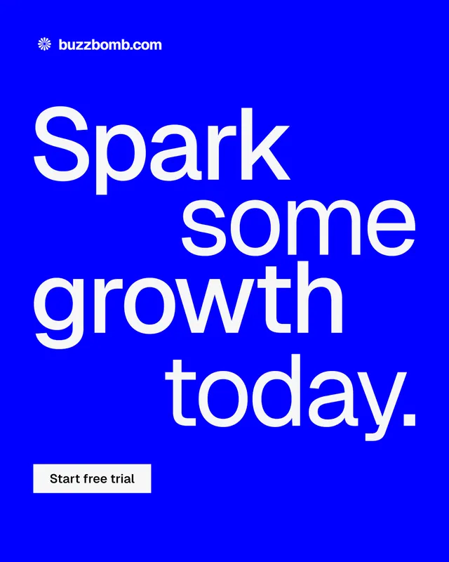 Instagram portrait post for BuzzBomb: "Spark some growth today." Swiss style, stacked layout, dark palette in blue, white.