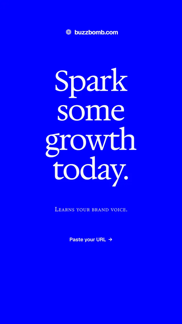 Instagram story for BuzzBomb: "Spark some growth today." Split block style, smallcaps layout, dark palette in blue.