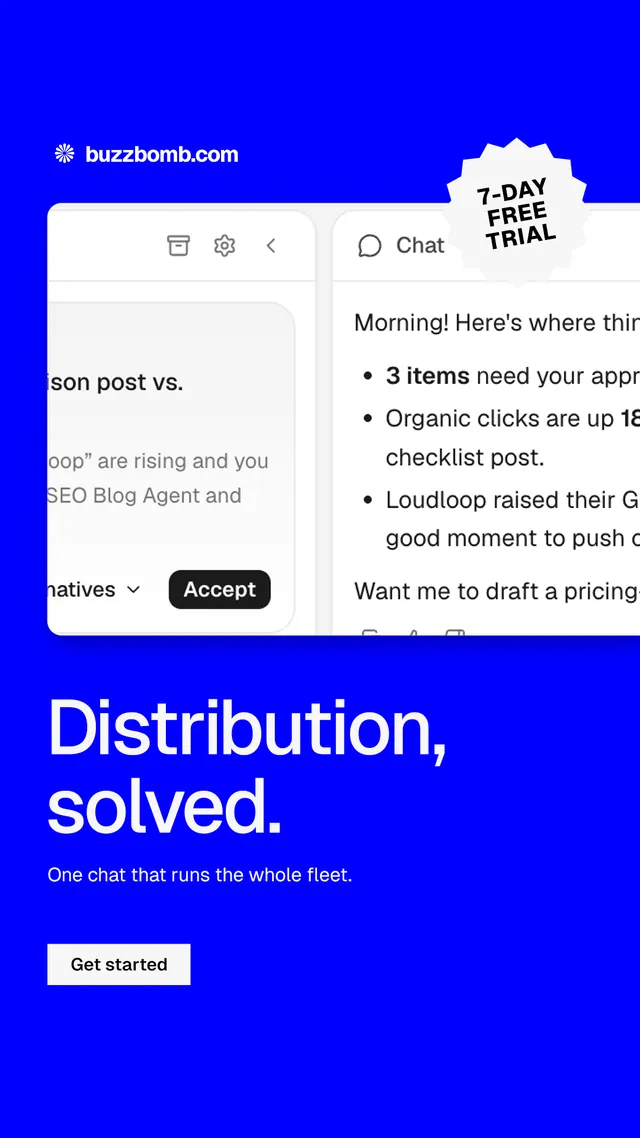 Instagram story for BuzzBomb: "Distribution, solved." Swiss style, sticker layout, dark palette in blue, white.