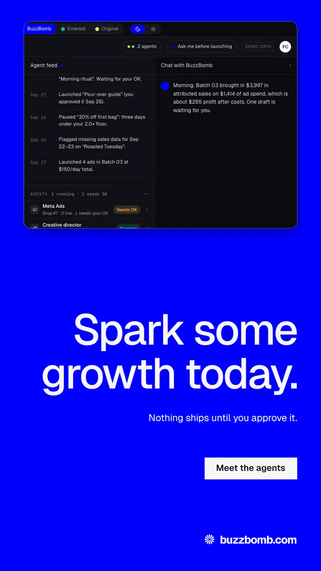 Instagram story for BuzzBomb: "Spark some growth today." Split block style, right layout, dark palette in blue.