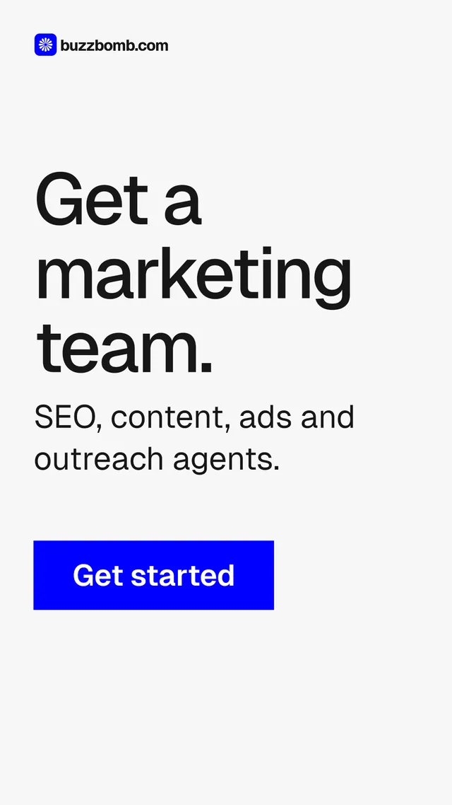 Instagram story for BuzzBomb: "Get a marketing team." Swiss style, skeleton layout, light palette in white, blue, grey.