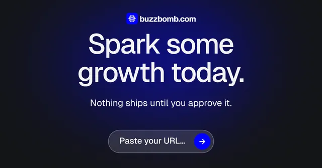Social ad for BuzzBomb: "Spark some growth today." Agentic glass style, centred layout, dark palette in black, blue.