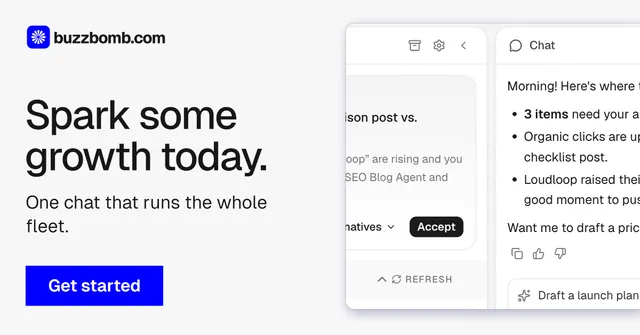 Social ad for BuzzBomb: "Spark some growth today." Swiss style, bottom layout, light palette in white, blue.