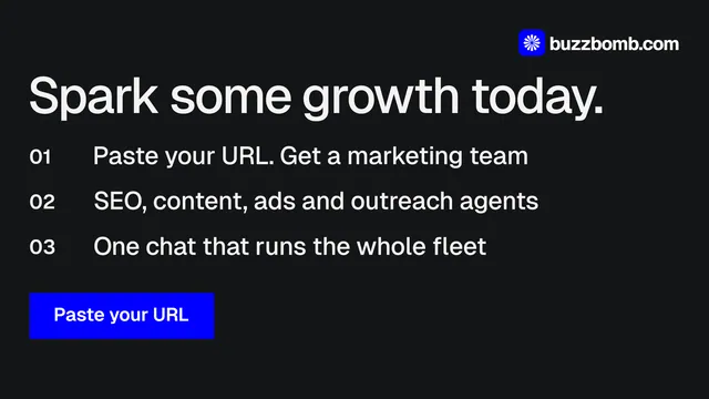 Landscape graphic for BuzzBomb: "Spark some growth today." Swiss style, numbered layout, dark palette in black, grey.