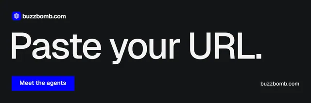 X header for BuzzBomb: "Paste your URL." Swiss style, poster layout, dark palette in black, grey.
