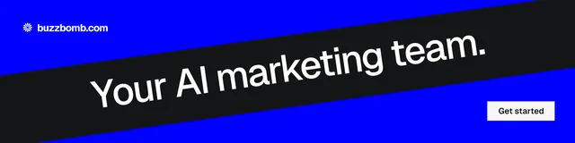 LinkedIn banner for BuzzBomb: "Your AI marketing team." Split block style, diagonal layout, dark palette in blue, black, grey.