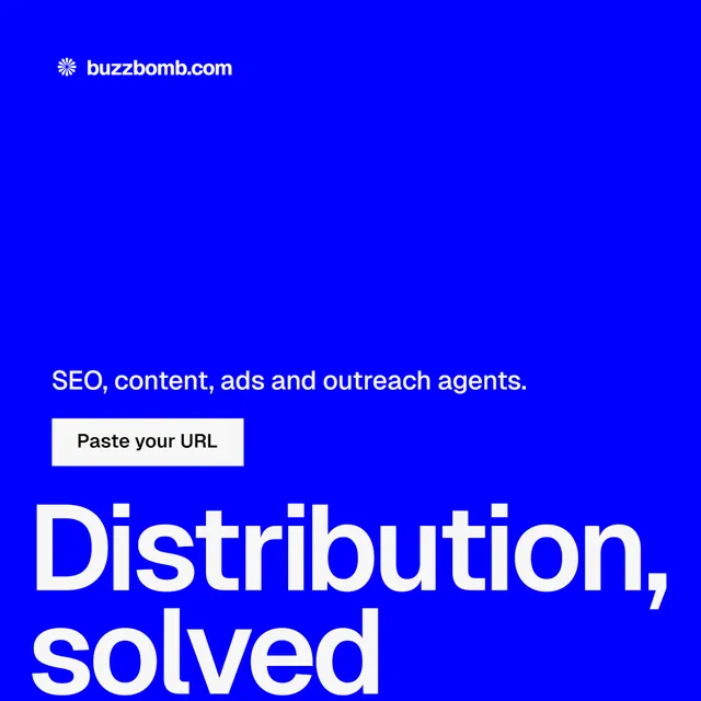 Instagram post for BuzzBomb: "Distribution, solved." Split block style, oversized layout, dark palette in blue.