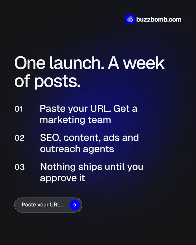 Instagram portrait post for BuzzBomb: "One launch. A week of posts." Agentic glass style, numbered layout, dark palette in black, blue.