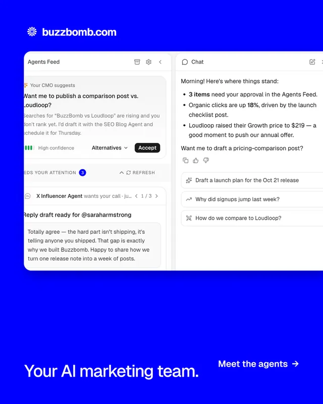 Instagram portrait post for BuzzBomb: "Your AI marketing team." Split block style, image led layout, light palette in blue, white.
