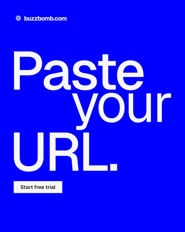 Instagram portrait post for BuzzBomb: "Paste your URL." Swiss style, stacked layout, dark palette in blue, white.