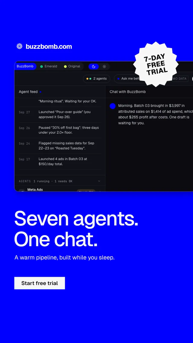 Instagram story for BuzzBomb: "Seven agents. One chat." Swiss style, sticker layout, dark palette in blue.