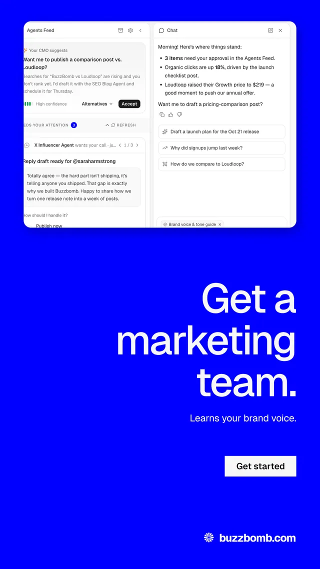 Instagram story for BuzzBomb: "Get a marketing team." Split block style, right layout, dark palette in blue, white.