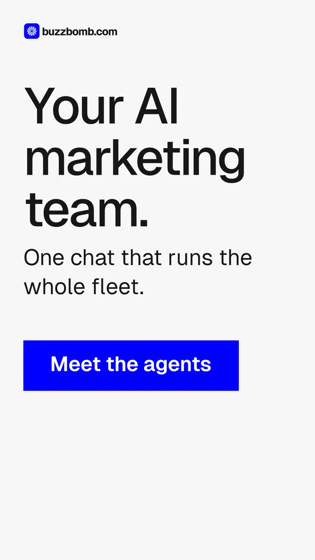 Instagram story for BuzzBomb: "Your AI marketing team." Swiss style, skeleton layout, light palette in white, blue, grey.