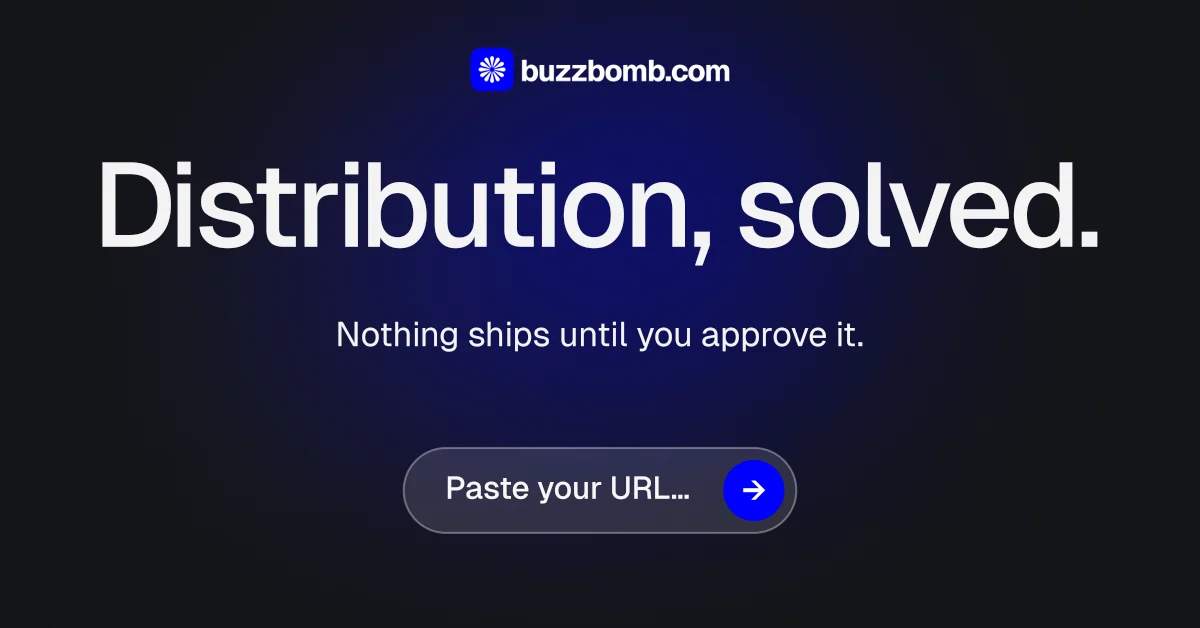 Social ad for BuzzBomb: "Distribution, solved." Agentic glass style, centred layout, dark palette in black, blue, grey.