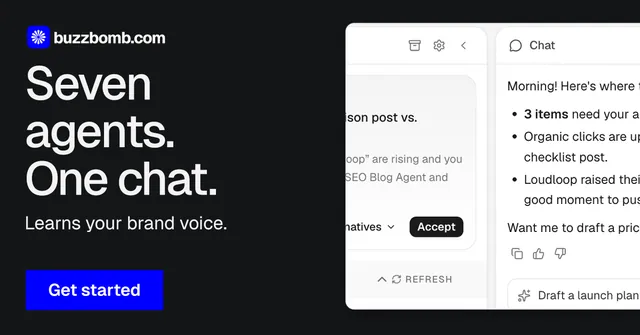 Social ad for BuzzBomb: "Seven agents. One chat." Swiss style, bottom layout, light palette in black, white, grey.