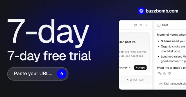 Social ad for BuzzBomb: "Spark some growth today." Agentic glass style, stat layout, dark palette in black, blue, white.