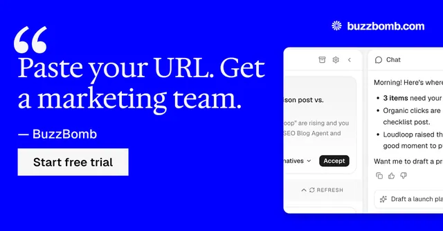 Social ad for BuzzBomb: "Your AI marketing team." Swiss style, quote layout, dark palette in blue, white.