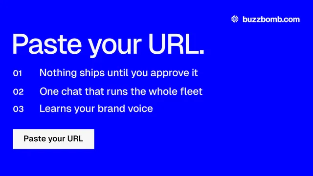 Landscape graphic for BuzzBomb: "Paste your URL." Swiss style, numbered layout, dark palette in blue.